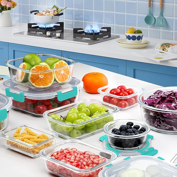 VERONES 30 Pieces Glass Meal Prep Containers Set, Stackable Glass Food Storage Containers with Lids-Airtight Glass Lunch Containers，for Microwave, Oven, Freezer & Dishwasher,Green
