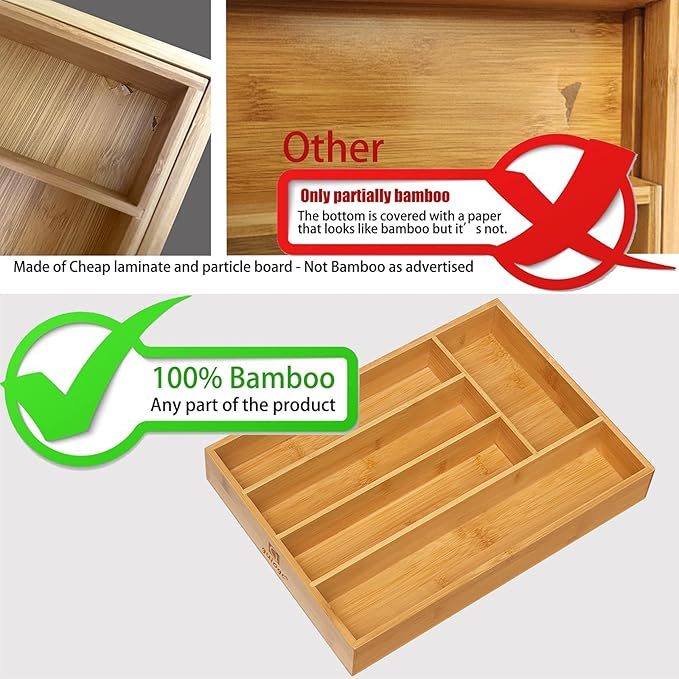 Kitchen Bamboo Silverware Drawer Organizer，Silverware Organizer and Cutlery Tray with Grooved Drawer Dividers for Silverware, Knives in Kitchen, Bedroom (5 Slot-Natural)