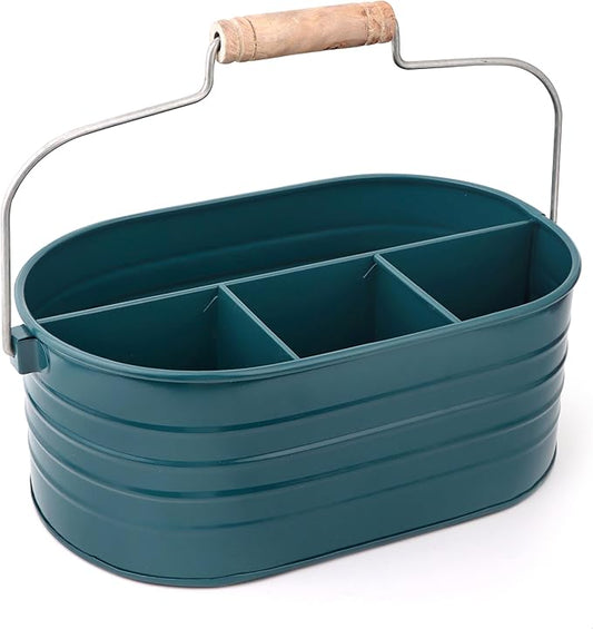 Alpha Living Home - Silverware Caddy, Wooden Utensil Holder with Handle, 4 Compartment Cutlery Organizer Bin for Forks, Spoons, Knives, Picnic, Kitchen Countertop Storage - Dark Cyan