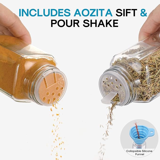 AOZITA 14 Pcs Glass Spice Jars with Spice Labels - 4oz Empty Square Spice Bottles - Shaker Lids and Airtight Metal Caps - Chalk Marker and Silicone Collapsible Funnel Included