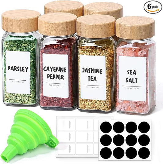 ComSaf 4 oz 6Pcs Glass Spice Jars with Label, Empty Spice Containers with Bamboo Lids, Square Seasoning Containers Trial and Supplement Set, Small Seasoning Bottles for Salt, Herbs, Sugar, Pepper