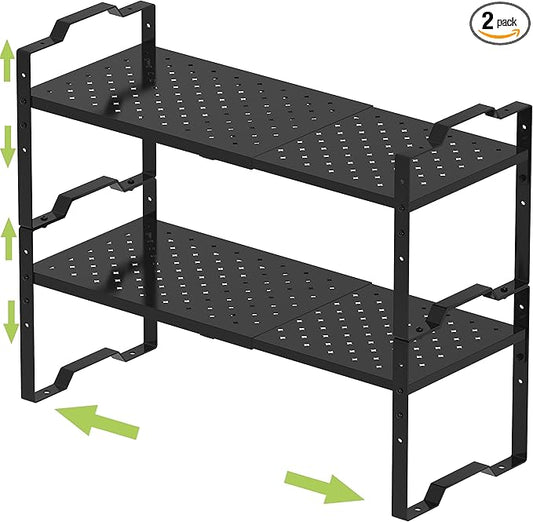 Expandable Shelf for Cabinet Organizer Adjustable Stackable Spice Rack at Kitchen and Bathroom More, Counter Countertop Cupboard Organization Pantry Storage (2 Packs/Black, Medium)