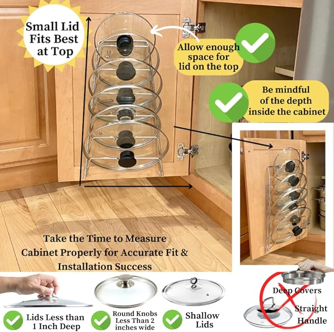 Evelots 6-Tier Pot Lid Organizer Rack for your Kitchen Cabinet Door/Wall - Fits Most Glass and/or Pan Covers - Kitchen Storage - No More Mess in your Cabinets and/or drawers - Rustproof -Chrome Finish