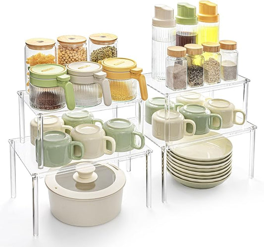 Acrylic Cabinet Organizer, Set of 4 Spice Rack Organizer for Cabinet, Desk Countertop Shelf Organizer, Pantry Kitchen Storage and Organization, Stackable Shelves House Essentials for Gift