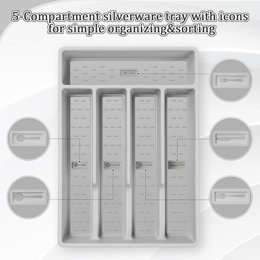 Silverware Organizer with Cutlery Icons，Silverware Tray for Kitchen Drawer，Plastic Flatware Tableware Cultery Drawer Organizer Utensil Organizer with Non-slip TPR Linings，5-Compartment，Grey