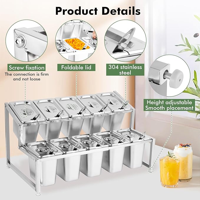 Meticuloso Expandable Spice Rack Stainless Steel Organizer Shelf for Sauce Ingredients Fruits, for Kitchen Pantry Use,10 Spoons,10 Lids&10 Buckets