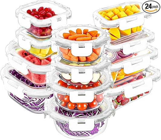 VERONES 24 Pieces Glass Food Storage Containers Set, Airtight Glass Lunch Containers, Glass Meal Prep Containers with Lids,Exclusive of BPA, for Microwave, Oven, Freezer & Dishwasher Friendly,White