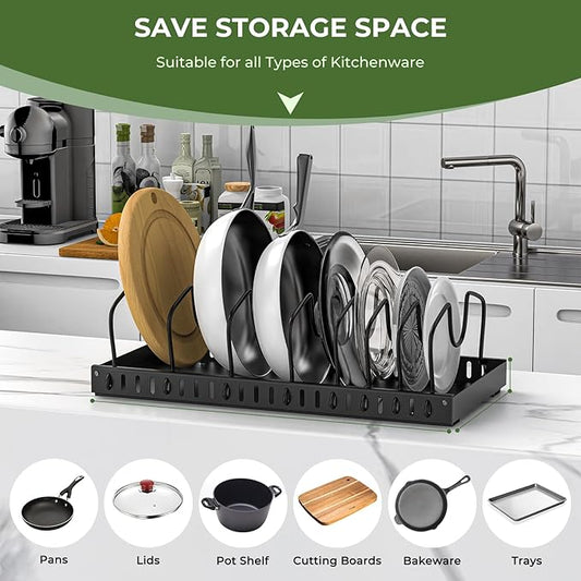 Pots and Pans Organizer Under Cabinet, 8-Tier Sliding Adjustable Pan Organizer Rack and Pot Lid Holder, Pull out Pot Lid Organizer for Cabinet, Kitchen Cabinet Organization and Storage (2pcs-Black)