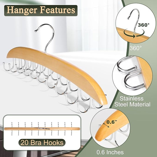 2 Pack Bra Hangers for Closet Organizer, Bra Organizer with 40 Stainless Steel Hooks, Wooden Tank Top Hanger, Closet Organizers and Storage for Bras Camis Belts Ties, Natural