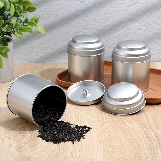 12Pcs Tea Canister Set with Airtight Double Lids, 8 Oz Silver Tea Tin Holder Organizer, Stainless Steel Round Tea-Canisters for Loose-Tea Storage, Coffee, Sugar, Spices