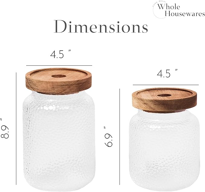 Whole Housewares Glass Jars with Lids - Set of 2 - Mason Jars - Borosilicate Glass Jar with Wooden Lid - Container for Sugar, Coffee, Tea - Decorative Canisters - Candy Jars with Lids (99oz & 77oz)