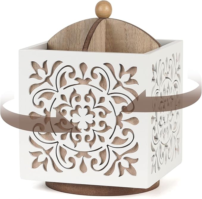 Rotating Utensil Holder for Kitchen Counter, Wood Utensil Organizer Silverware Organizer Rustic Cutlery Holder Utensil Crock, White Flatware Organizer Utensil Caddy for Forks, Spoons, Knives