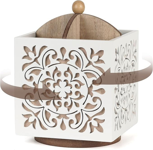 Rotating Utensil Holder for Kitchen Counter, Wood Utensil Organizer Silverware Organizer Rustic Cutlery Holder Utensil Crock, White Flatware Organizer Utensil Caddy for Forks, Spoons, Knives