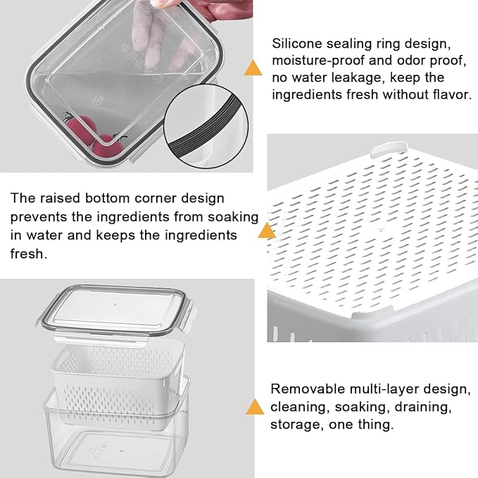 3Pack Fridge Food Storage Container Set with Lids with Strainer,Plastic Fresh Produce Saver Vegetable Fruit Meat Storage Organization, BPA-Free Plastic Produce Keepers(3.15L+1.7L+0.8L)