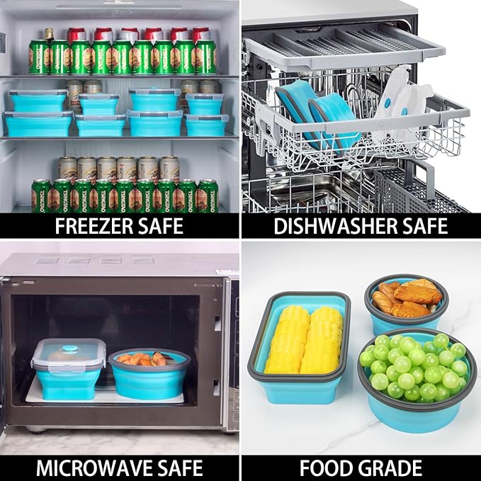 Collapsible Food Storage Containers with Lid & Air Vent, 16 Pack, 8 Rectangular + 8 Round, Foldable Silicone Lunch Containers Collapsible Bowls Set, Microwave Freezer Dishwasher Safe, Blue
