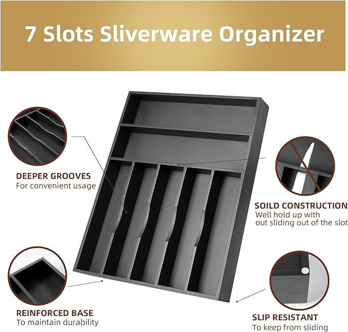 Silverware Organizer Bamboo Kitchen Drawer Organizer Utensil Organizer Silverware Holder Cutlery Organizer in drawer Flatware Organizer Tray (Black 7 Slots)
