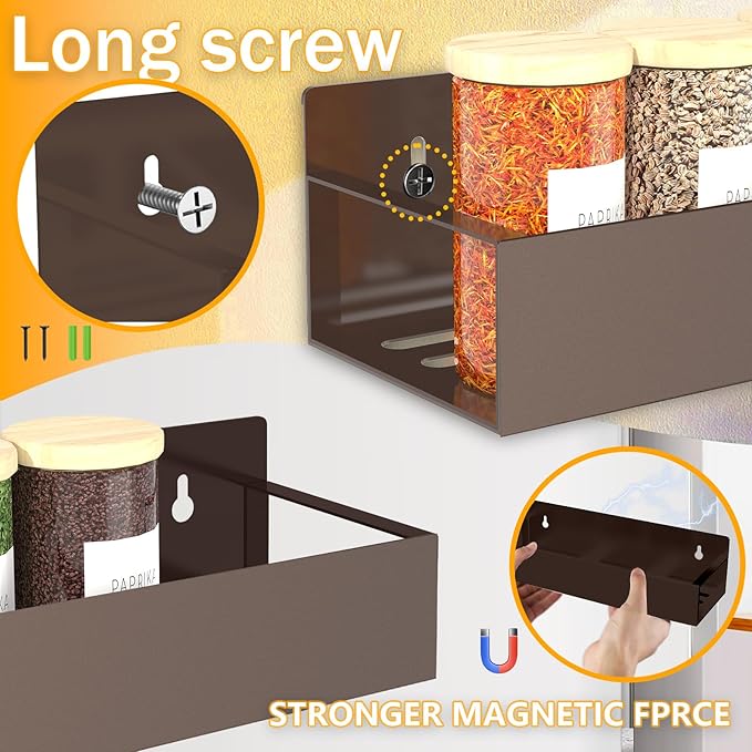 Magnetic Spice Rack Organizer for Fridge Seasoning Organizer for Kitchen storage with Screw or Adhesive Hanging,Magnetic Shelf with Hook for Refrigerator and Oven (Bronze, 4pack)