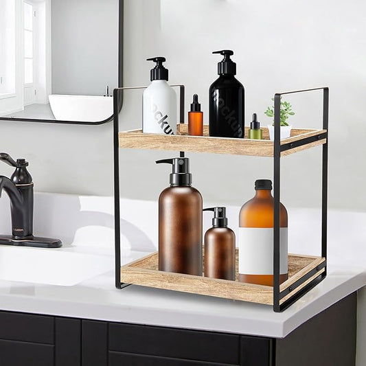 BEKU 2 Tier Bathroom Counter Organizer - Kitchen Sink Countertop Shelf - Makeup Vanity Tiered Tray - (Wood)