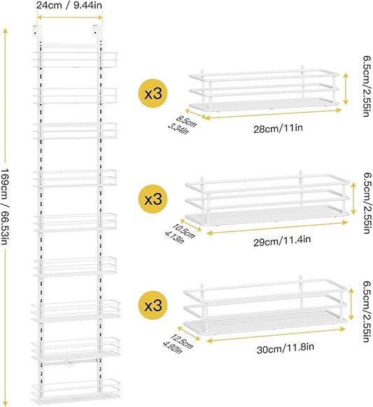 Pantry Door Organizer 12 Inch Wide, 9 Tier Hanging Adjustable Over the Door Spice Rack For Narrow Space,Matt White