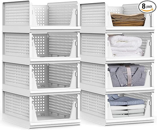 yazi Stackable Storage Bins,8 Pack Foldable Plastic Wardrobe Clothes Organizer Drawer Shelf Storage Basket Container Plastic Drawer Organizer Shelf Baskets Folding Containers Bins Cubes