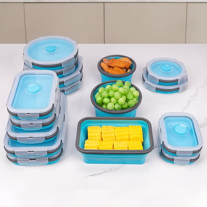 Collapsible Food Storage Containers with Lid & Air Vent, 16 Pack, 8 Rectangular + 8 Round, Foldable Silicone Lunch Containers Collapsible Bowls Set, Microwave Freezer Dishwasher Safe, Blue