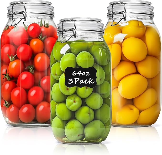 ComSaf Large Glass Jars with Lid 64 oz, Large Mason Jars Set of 3, Glass Canisters with Airtight Lids, Half Gallon Canning Jars with Seal Wire Clip Fastening for Kitchen, Pickle, Flour, Sugar, Cereal