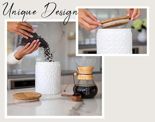 XXL 94 Oz Engraved Ceramic Kitchen Canister - Storage Jars with Airtight Lids Made from Bamboo with Nature-Inspired Engraving - Use as a Pasta Holder, Coffee Ground Holder, Rice Container, Candy Jar