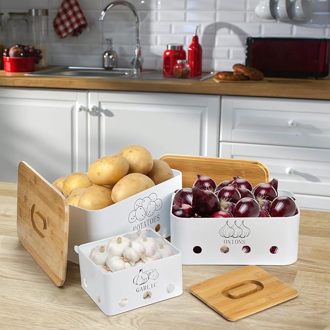 3 Pack Potato Onion Garlic Storage Set, Iron Vegetable Storage Bins with Holes Bamboo Lids, Stackable Kitchen Organization Container Storage Tin for Countertop Pantry