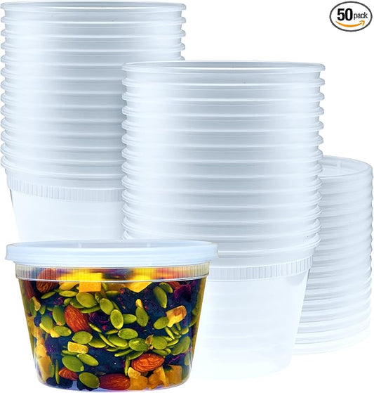 Green Direct 16 oz. Disposable Clear Plastic Containers with Lids 50 Pack, Lunch Leakproof Round Food Storage Containers, Freezer Safe for Food