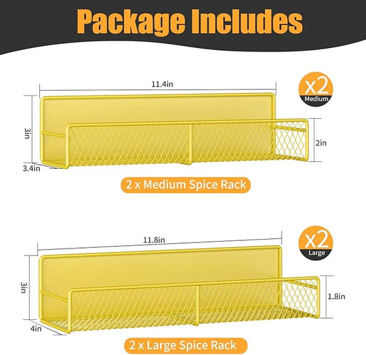 Magnetic Spice Rack for Refrigerator, 4 Pack Metal Magnetic Shelf Yellow, Moveable Spice Organizer, Super Magnetic Fridge Shelf for Kitchen Organization and Storage