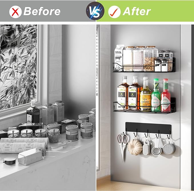 Magnetic Spice Rack for Refrigerator, 3 Pack Metal Magnet Spice Organizer Shelf with Hook Rack, Magnetic Fridge Shelves for Kitchen Organization and Storage, Seasoning Organizer Gadgets (Black)
