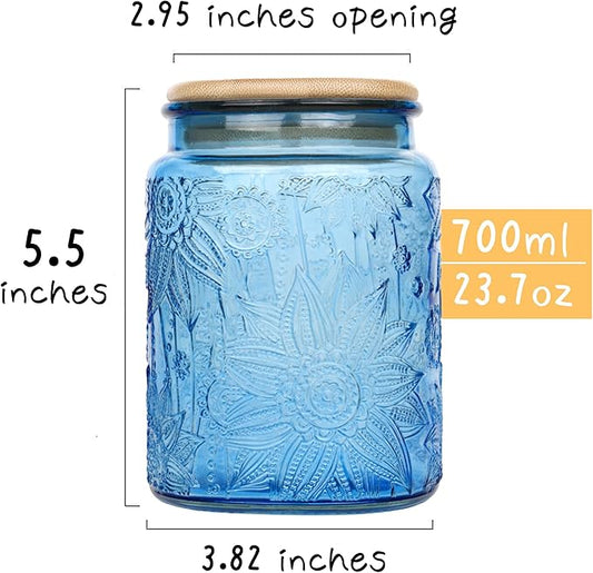 Blue Vintage Glass Candy Jar with Airtight Bamboo Lid, 23.7oz Kitchen Storage Canister for Sugar, Coffee, Tea, Cookies, Bath Salt - Decorative Mason Jar for Pantry & Counter(Blue, 23.7 fl oz)