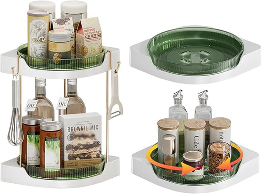 2 Pack Lazy Susan Turntable - Corner Spice Organizer for Cabinet - 9 Inch Rotating Condiment Rack Storage for Refrigerator, Pantry, Kitchen, Vanity, Bathroom Countertop (2 Tier-Green)
