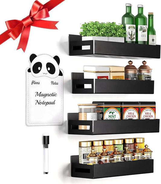 HOPE & HARDY 4 Pack Magnetic Spice Rack for Refrigerator, Strong Metal Magnetic Fridge Shelf, Kitchen Seasoning Organizers Storage, Side Fridge Storage Rack for Kitchen with Magnetic Note Pad
