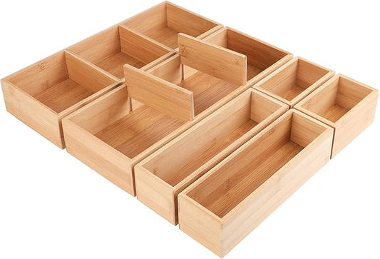 Kootek 6 Pcs Bamboo Drawer Organizer, Kitchen Utensils Storage Boxes 3-Size with Removable Dividers Multi-Use for Gadget, Makeup, Bathroom, Office
