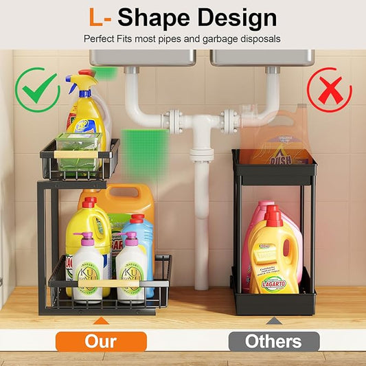 Miyawell Under Sink Organizer and Storage, 2-Tier Pull Out Cabinet Organizers Shelf, Metal Sliding Drawers Shelves for Kitchen Bathroom Closet Organization, 2 Pack