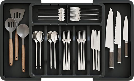 Silverware Organizer, Expandable and Adjustable Kitchen Utensil Drawer Organizer, Plastic Cutlery Holder with Multiple Compartments, Cutlery Holder,for Spoons Forks Knives, Black, UAFD011B