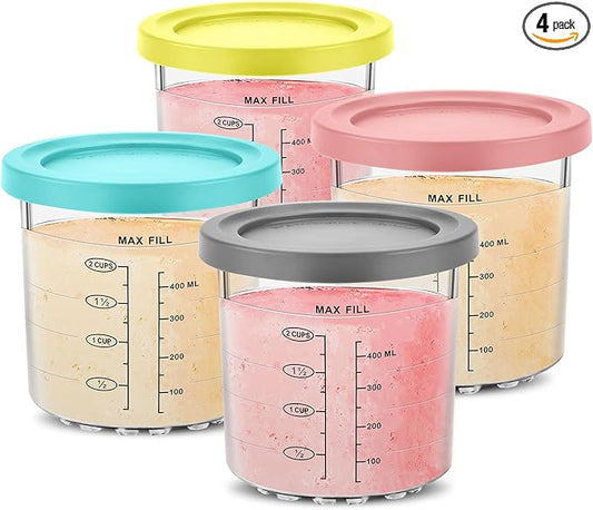 Containers Replacement for Ninja Creami - 4 Pack 16oz Pints and Lids, Compatible with NC301 Series Ice Cream Makers, Upgraded Design with Measurement Scale, BPA-Free & Dishwasher Safe