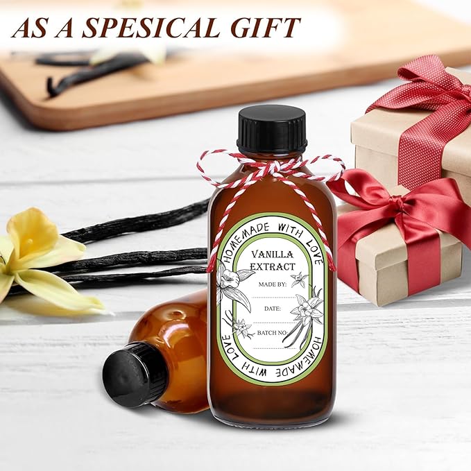 12 Pack 8 oz Vanilla Extract Bottles with Black Poly Cone Caps and 12 Pcs Vanilla Extract Stickers 240ml Boston Round Sample Bottles for Syrup Gift Glass Food Storage Canister Set Sauce Beans(8oz)