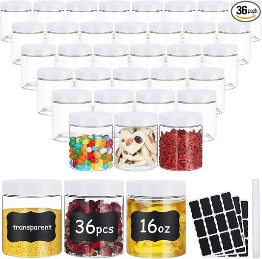 36pcs 16 oz Plastic Containers with Lids Pen Labels Leak Proof BPA Free Airtight Refillable Clear Small Containers Storage Jars for Storing Dry Food Makeup Slime Honey Jam,white
