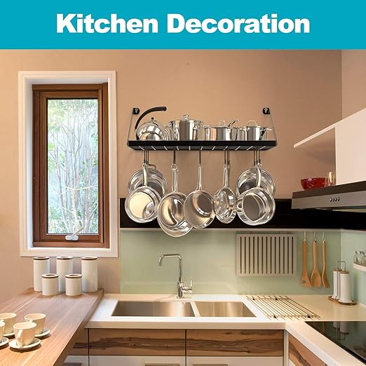 Vdomus Hanging Pots and Pans Organizer - Wall Mounted Pot Rack with 15 Hooks, 29.3 x 13 Inch Heavy-Duty Cookware Organizer for Kitchen Storage - Ideal Pot and Pan Holder with Square Grid Design, Black