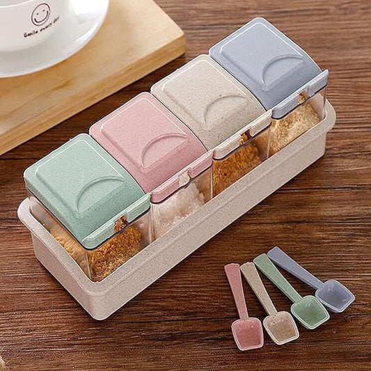 ZaoProteks Condiment Jar Spice Container with Lids and Spoons, Condiment Canisters Pots Seasoning Box Salt Container Sugar Bowl Set of 4 for Kitchen, Counter and Food Storage