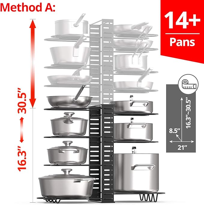 Expandable Rack for Cabinets - Vdomus Adjustable Black Pot Rack with 4 DIY Storage Positions - Holds up to 14 Pans, Pots, or Lids - Durable Iron Pot Stacker for Kitchen Organization - 8.5"x 31"x11.5"