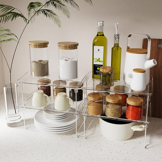 2 Pcs Cabinet Organizer Shelf，Stackable Kitchen Counter Shelves, Spice Rack,Countertop Organizers，Clear Plastic Storage Shelves Rack for Makeup，Bathroom, Cupboard，Desk，Pantry Organization