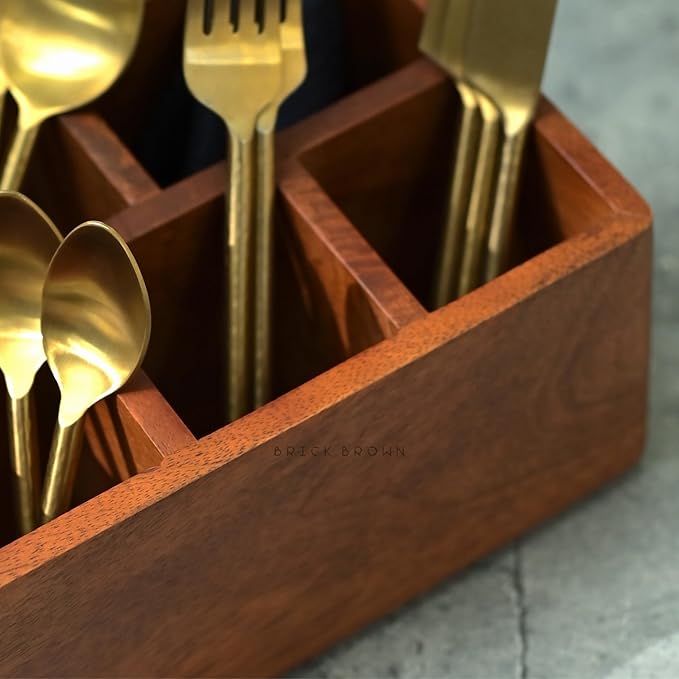 Premium Handcrafted Wooden Spoon stand for kitchen | cutlery holder for dining table | wooden caddy storage organiser stand with 5 section Mahogany Finish(8.75x6x4.5 inch)