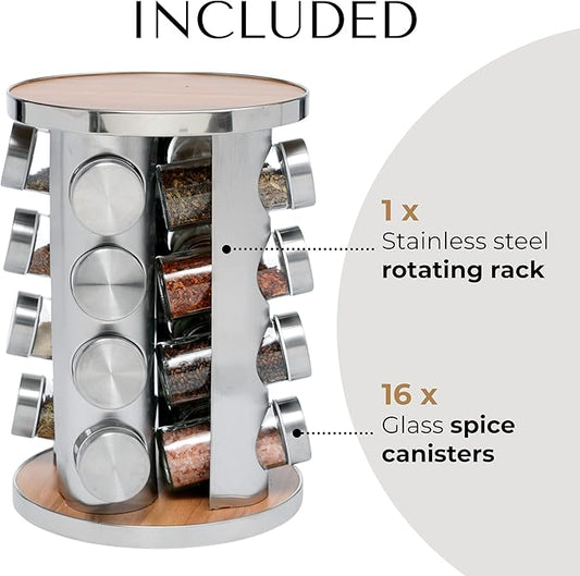Rotatable Spice Seasoning Organizer Rack with 16 Glass Jars, Ideal for Storing Spices, Salt, Pepper, Sugar and Dry Ingredients