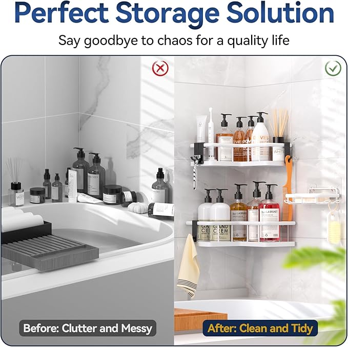 YASONIC Corner Shower Caddy Organizer, 3-Pack Adhesive Rustproof Stainless Steel Shower Shelves with Soap Holder, No Drilling Shower Storage Rack for Family Renters Bathroom, White