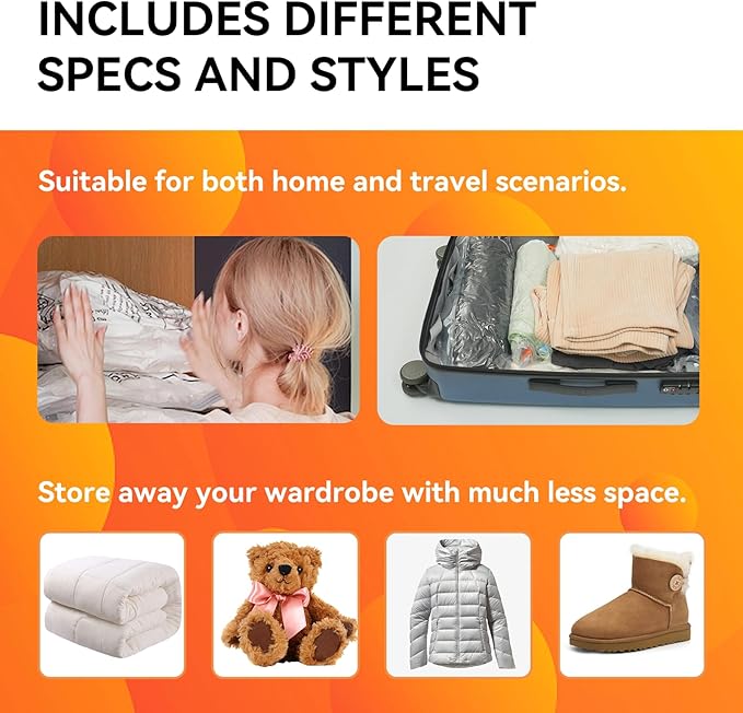 [2024 NEW] 15 Pack Vacuum Storage Bags (3 Jumbo/3 Large/3 Medium/3 Small/3 Roll) | Space Saver | Rapid Vacuum | Double Zip Seal | Clip Stopper | Ideal for Clothes, Blankets Compression and Travelling