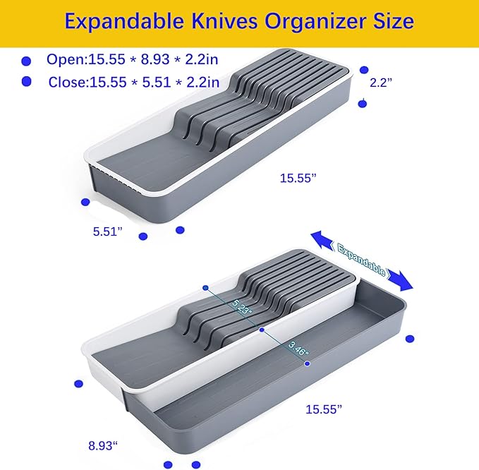 Expandable Drawer Organizers with Knife Block Knife Drawer Organizer stackable Cutlery Tray Knife Holder adjustable tray with Knife Block 9 Knives slot DIY drawer organizer(1 pack)