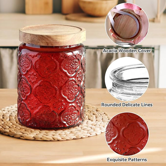 Vintage Glass Jar with Lid,Cookie Candy Jar Coffee Canister Food Storage Containers Storage Jar Set for Kitchen Office (Red birchapple flowers - acacia)